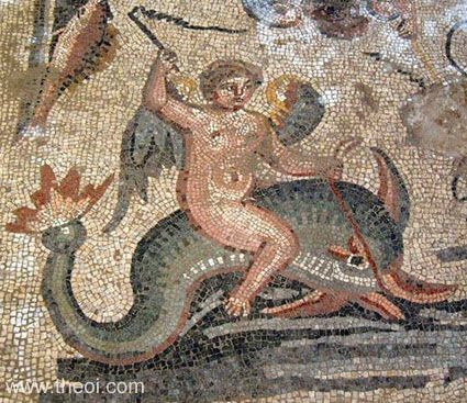 Eros-Cupid riding dolphin | Greco-Roman mosaic from Zeugma C1st-2nd A.D. | Gaziantep Museum